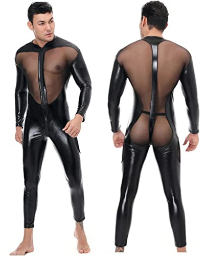 Men's Sexy Latex Lace Net yarn stitching Catsuit Patent Leather Jumpsuit Full Body Bodysuit Wet Look Zipper Clothing (XL)