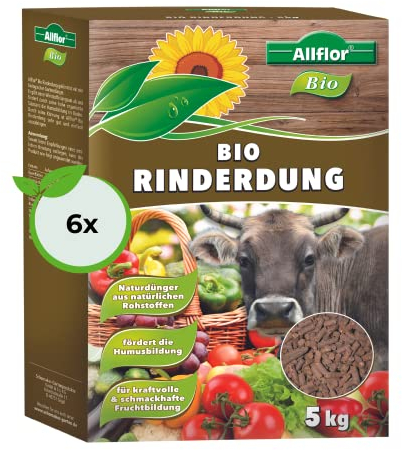 Allflor Rinderdung gekörnt - 6 x 5 Kg - Rinderdungpellets in der Faltschachtel - Wirtschaftsdünger von Rindern - Biologischer Gartendünger - Rindermist - Fördert die Humusbildung
