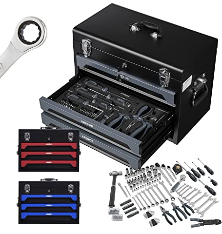 Arebos Cassetta degli attrezzi con set di attrezzi in cromo vanadio da 172 pezzi | per la casa, il garage e l'officina | cassetta degli attrezzi attrezzata con 3 cassetti | chiudibile a chiave