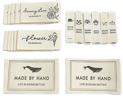Zasvec 42 Stück Handmade Label zum Annähen aus Stoff Label Nähen Handmade Etiketten Einnähen Textiletiketten Handmade Stoffetiketten Handmade Stoff Labels Beige