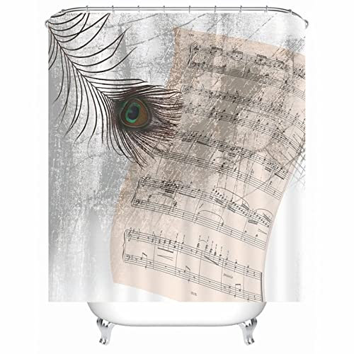 EHOMERY Duschvorhang Indisch Duschrollo Seitlich Ausziehbar Baum-Zweig-Musikpartitur Polyester Grau Rostfreie Ösen Und 12 Hakenringe, 120X180Cm