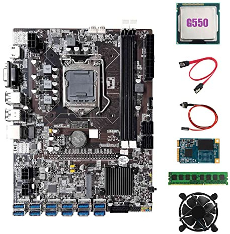Lodokdre B75 ETH Carte mère minière 12XPCIE vers USB+G550 CPU+DDR3 4 Go RAM + 64 G SSD + ventilateur + câble + câble Switch LGA1155 Carte mère