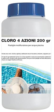 Virsus 1Kg Cloro 4 azioni a Pastiglie per acque piscina 5C12, 5 Pastiglie da 200 gr, a lenta dissoluzione per la disinfezione dell’acqua, Clorante, Alghicida, Stabilizzante del pH, Flocculante