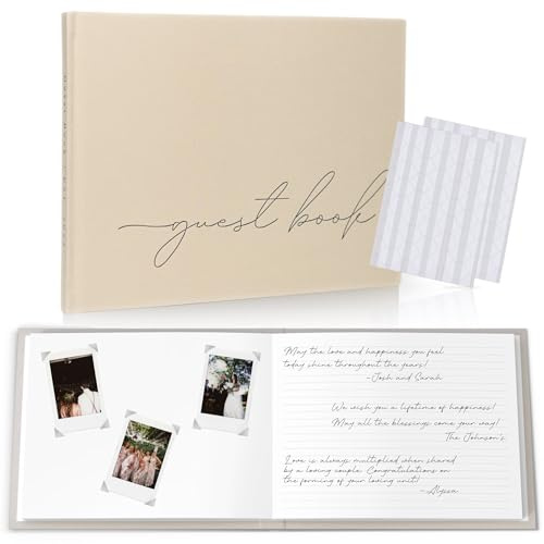 Wedding Guest Book With Clear Photo Corners Self Adhesive Stickers - Linen Photo Guestbook to Sign at Bridal Shower or Wedding Reception Party - 100 Pages - Half Blank and Lined Thick Paper Books