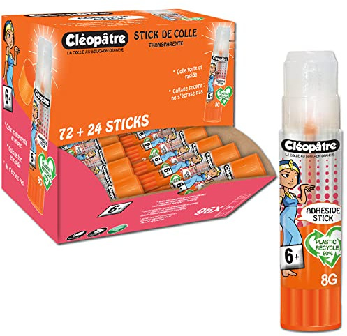 CLEOPATRE Klebestifte aus recyceltem Kunststoff, transparent, 96 Stück, 8 g, lösungsmittelfrei, ideal für Schulen