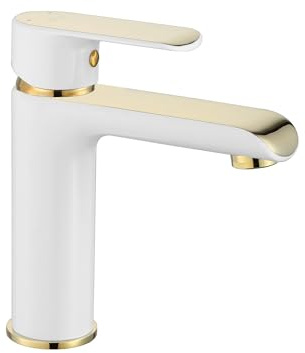 Rea Waschtischarmatur BLOOM WHITE GOLD BAS Wasserhahn Bad Badarmatur aus Messing Armatur für Waschbecken Badezimmer Mischbatterie Waschbecken Einhebel (Weiß/Gold)