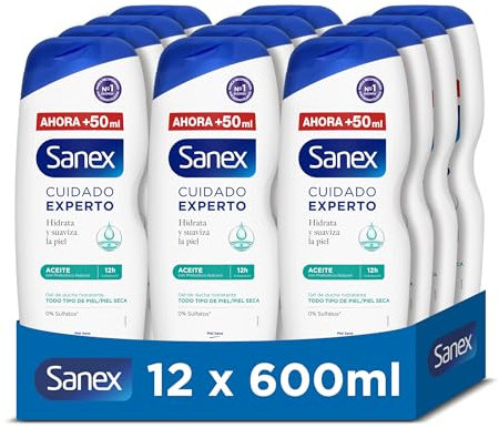 Sanex Cuidado Experto Aceite Gel de Ducha, Pack 12 Uds x 600ml, Gel de Baño para Piel Seca, Limpia Suavemente, Hidrata y Suaviza la Piel, Complejo Prebiótico y Postbiótico, 12 Horas de Hidratación