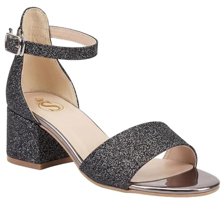 SIRRI Chaussures à lanières de Cheville pour Filles, Sandales à Talons Blocs avec Paillettes pour Occasions spéciales Taille 33
