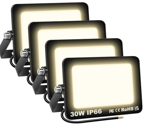 AUXTINGS 4 Piezas Focos LED Exterior 30W 3000 lúmen, Foco Proyector LED Impermeable, 4000K blanco cálido Floodlight Iluminación de seguridad para Campo Jardín Estadio Casa Garaje Patio Terraza