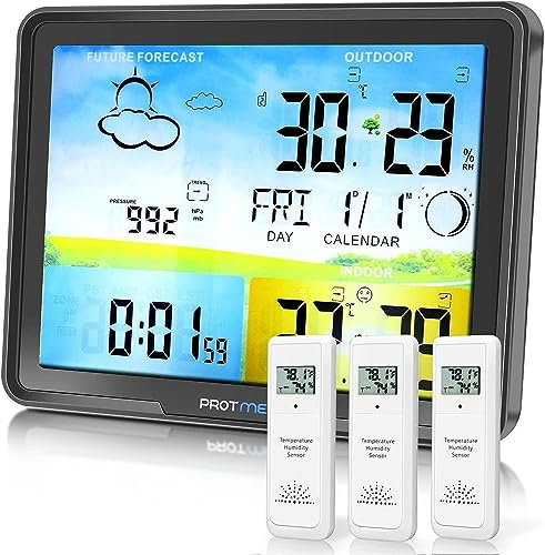 GeRRiT Estación meteorológica multifunción, estación meteorológica Pronóstico Digital Higrómetro Humedad Temperatura con 3 sensores inalámbricos Monitor Interior Exterior 7.5