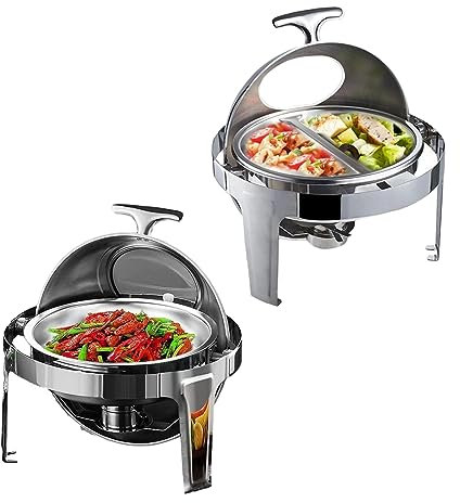 Chafing Dish Buffet Set Round Dining Warm Server Roll Top Hot Pot Buffet Set Five-Piece Set with Water and Food Dish Alcohol Stove Holder for Part/Birthdays,2IN1