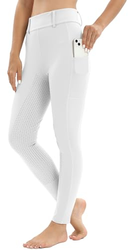Havideto Reitleggings Damen Vollbesatz mit Handytasche, High Waist Reithose Damen Mädchen Stretch mit Gürtelschlaufen Weiß M