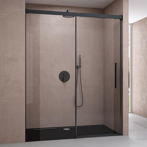 doporro Duschtür Nischentür 150x195cm ESG-Sicherheitsglas mit Soft-Close | Duschkabine aus Klarglas inkl. Nanobeschichtung | Duschabtrennung mit schwarz Rahmen | Teramo12K