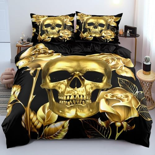 Luofanfei Set di biancheria da letto con teschio, 135 x 200 cm, motivo gotico, nero, oro, motivo teschio 3D, in microfibra, double-face, set di 2 pezzi, stampato