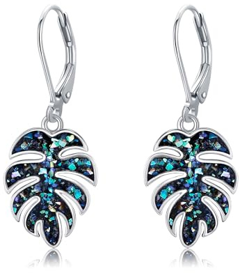 DAYLINLOVE Monstera Earrings S925 Sterling Silver Leverback Palm Leaves Earrings Plant Dangle Drop Earring For Women Tropical Monstera Jewelry Gifts