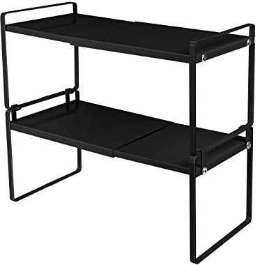 HUOLE Ripiano salvaspazio Cucina stoviglie allungabile,Set da 2 ripiano in bambù,Portaspezie,Piatti Organizer per cucina/bagno/piano tavolo/credenza-36-60 * 21 * 36,5 cm (nero)