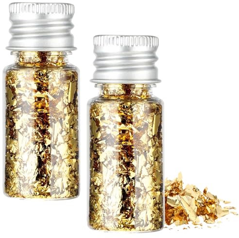 Blattgold Flocken, 2 Stück Goldfolie Flocken, Essbare Blattgoldblätter, Goldfolie Papier, Blattgold Essbar, Multifunktions-Dekorfolienpapier für Kuchen Pralinen Küche Backen Gebäck Decor DIY-Gold