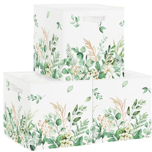 Clastyle Set di 3 Scatole Portaoggetti Fiore Cubo di Stoccaggio per Armadio Vestiti Cesto Scaffali Bambini Scrigno dei Giocattoli e Libri per Scuola Materna,Verde,30x30x30 cm