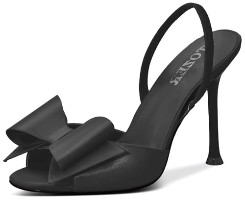 ITOZER Peep Toe Satin Mules Slingback High Heels Bow Stiletto Heel Comfortable Wedding Party Shoes, Black, Size 8