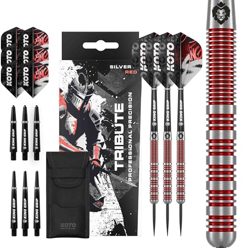 KOTO darts 10076 | 18 G Steeldart Pfeile, Inkl. 3 Barrels, 3 Dart Flight & 3 Shaft, Silber & Rot, Fester Ringgrip, Lasergravur