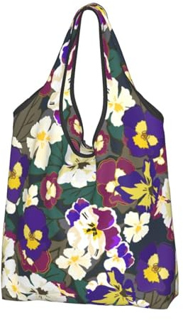 Bolsa de comestibles reutilizable, diseño de flores de pensamiento, bolsa de almacenamiento de tela lavable, bolsa de compras ligera para mujeres
