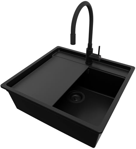 PRIMAGRAN Fregadero Granito al Mueble 60cm + Grifo, 56x53cm | Set: Grifo BW6020 + Kit de desagüe + Tabla de Cortar + Bergen Low Cut Top Slim 1 Seno para Cocina, Todo Negro