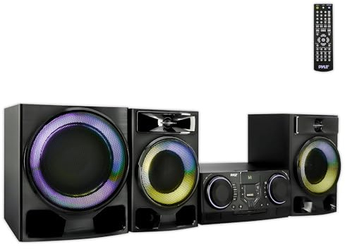 Pyle Mini Hi-Fi Bluetooth Stereo System – 4-Piece CD Player with Speakers, MP3, FM Radio, USB Recording, Subwoofer, DSP-Tech, Equalizer Settings, Compact Home Stereo System with Remote Control (Black)