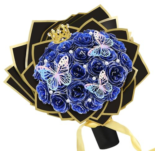 Nagoyuki 24 Stück Glitzer-Rosenstrauß, Glitzer Bouquet, DIY blumenstrauß künstlich mit Krone für Valentinstag, Hochzeit, Verlobung, Geburtstag (Blau)