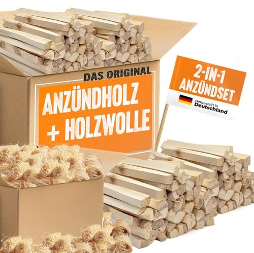 Anzündholz Set - 5kg ofenfertiges Anzündholz + 500g Holzwolle Anzünder (ca. 40 Stück) - Sorglos-Paket zum Anzünden von Kamin, Ofen, Grill und Feuerschale