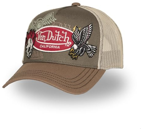 Von Dutch Cap Herren und Damen, Trucker Patches, Khaki 12 | Unisex, Erwachsene 55,5-60cm, Verschluss Snapback, Steifes Mesh, Gebogener Schirm, Vintage