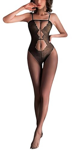 ROSVAY Women Sexy Bodystocking Sheer Fishnet Bodysuit Nightwear Full Body Hold-up Stockings with Criss Cross Stripe Naughty Lingerie Underwear Hot Black (Black-A, One Size)