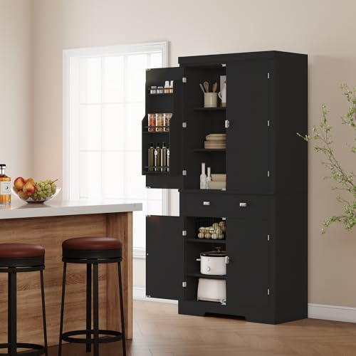 GarveeHome 72 Kitchen Pantry Cabinet, Freestanding Tall Storage Cabinet with 6 Door Shelves, 4 Adjustable Shelves and 1 Drawer, for Kitchen, Living Room, Dining Room, Black
