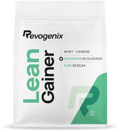 LEAN GAINER | Protéines avec Whey + Caséine | Glucides avec Farine d’avoine + Maltodextrine | Gainer Prise de Masse Musculation sèche | Riche en BCAA | Doypack de 2 kg Saveur Vanille | REVOGENIX