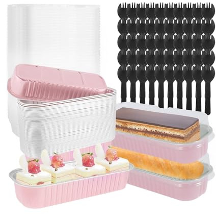 50Pcs Mini Cake Pans Set with Lids and Fork Spoons 200ml Foil Rectangle Baking Cups Aluminum Loaf Portable Bread Cupcake Cases for Baking(Pink)