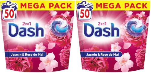 Dash 2en1 PODS Jasmin et Rose de Mai, 50 Lavages, Lessive Capsules 3-en-1, 3 Semaines de Fraîcheur avec Lenor, Notes Florales et Baies Rouges, Efficace en Cycle Froid, Fabriquée en France (Lot de 2)