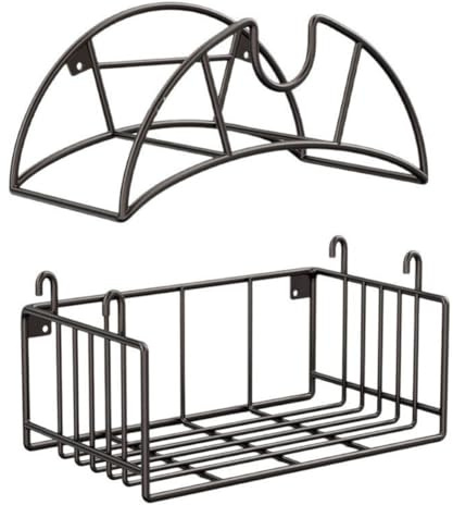 FUBESK Soporte de pared para manguera de jardín con cesta de almacenamiento de herramientas para organización de jardín al aire libre, color negro