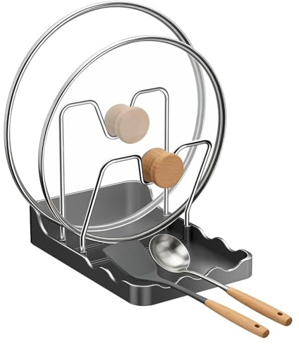 Ortviai Range Support Couvercle Casserole, Support Rangement Couvercle Cuisine, Repose Porte Couvercle Cuisine, Maintient 2 Couvercles et Ustensiles, pour Comptoir de Cuisine, en Plastique