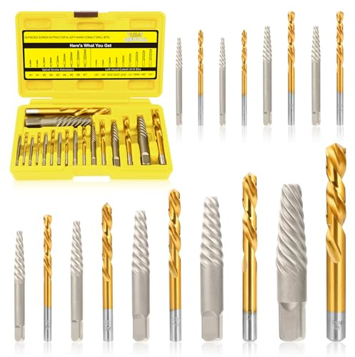 18PCS Screw Extractor Set, Cobalt Left-Hand Drill Bit 6542 HSS & 37# Cr-Mo Steel, Easy Out Broken Bolt Remover for Stripped, Rounded-Off, Damaged Bolts, Screws & Studs Removal Tool (Yellow)