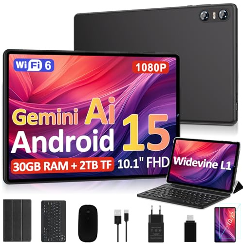 Biegedy 2026 Dernier Tablette 10 Pouces Android 15 avec Gemini AI, 30GO RAM (2TO TF), Octa-Core, 5G WiFi 6, Widevine L1, GMS, GPS, BT 5.0, 6000mAh, 5MP+8MP, Tablette avec Clavier+Souris et Cas - Noir
