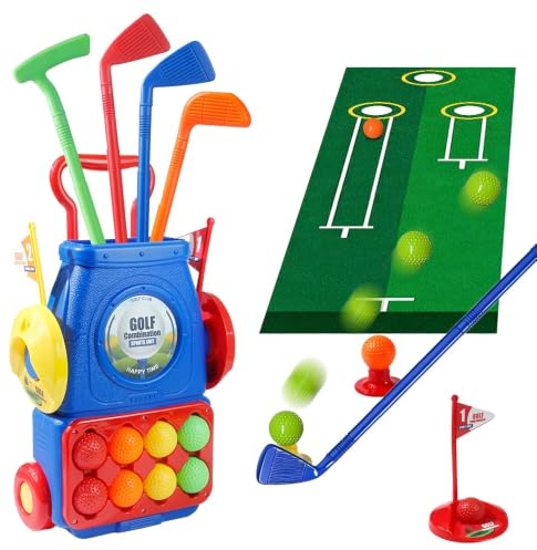 Kids Golf Set, Toddler Golf Set with 8 Play Balls, 4 Golf Clubs, 2 Practice Holes, 1 Golf Mat | Kids Golf Clubs for Toddlers Boys Girls 3 4 5 6 Years Old Indoor Outdoor