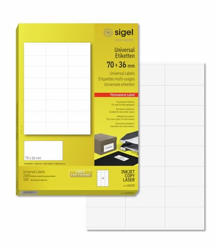 SIGEL Universal Etiketten 70 x 36 mm selbstklebend 2400 Etiketten | LA132, Vorratspack mit 100 Blatt für viele Anwendungen