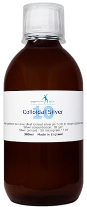 argentum plus Colloidal Silver 10 ppm, 300 ml | Clear liquid in amber glass bottle, 15 ml dosage cup