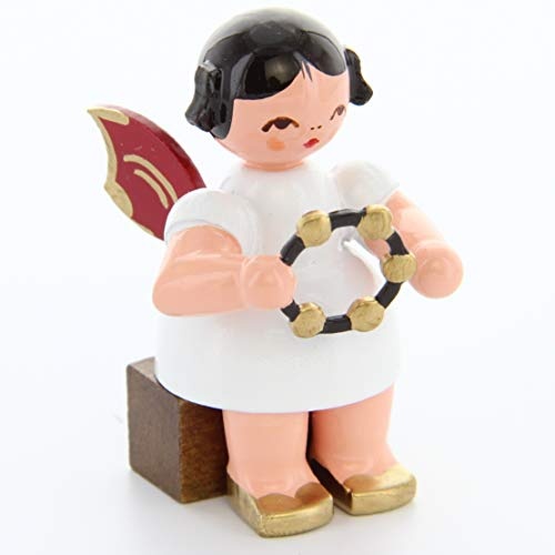 Engel mit Schellenring - Rote Flügel - sitzend - 5cm / Weihnachtsengel - Original Erzgebirge Engel -Kunstgewerbe Uhlig