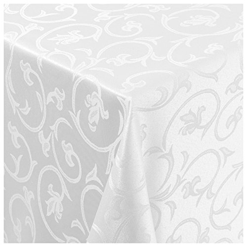 Tischdecke Stoff Damast Barock Jacquard Ranken Design mit Saum eckig 130x220 cm Weiss