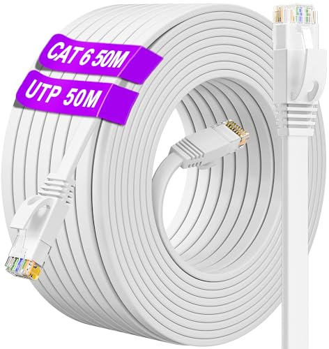 Long Ethernet Cable 50m, CAT 6 Internet Cable 50m High Speed 10/100/1000Mbit/s, Flat Ethernet Network Cable Outdoor Indoor, Gigabit Broadband RJ45 Patch Cable for Router Switch Modem Xbox (50 Clips)