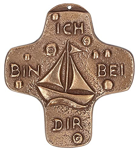 Butzon & Bercker Kommunionkreuz Bronze Ich bin bei dir - Segelboot 9 cm