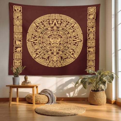 Batmerry Tapisserie aztèque maya américaine, calendrier aztèque, tapis de pique-nique, tapisserie hippie, triple, décoration murale pour chambre à coucher, salon, dortoir, 140 x 210 cm, latine.