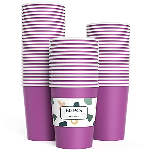 YANGTE 60 Pieces Purple Paper Cups Disposable Party Cups Biodegradable and Compostable Drinking Cups for Party, Birthday Supplies, DIY - 9 Ounce - 250ml