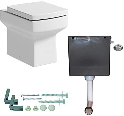 Ceramica® Royan Modern Bathroom Cloakroom Back to Wall BTW Toilet Space Saving WC Toilets Soft Close Seat Dual Flush Cistern Square Pan, White Gloss