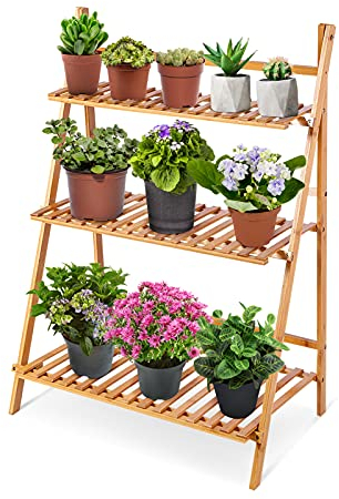 Estantes Para Plantas de 3 Niveles, Escalera Para Flores de Bambú Estantería decorativa Soporte de Exhibición de Flores Plegable , Para Balcón Interior Sala decoración de Jardín(Color de madera)